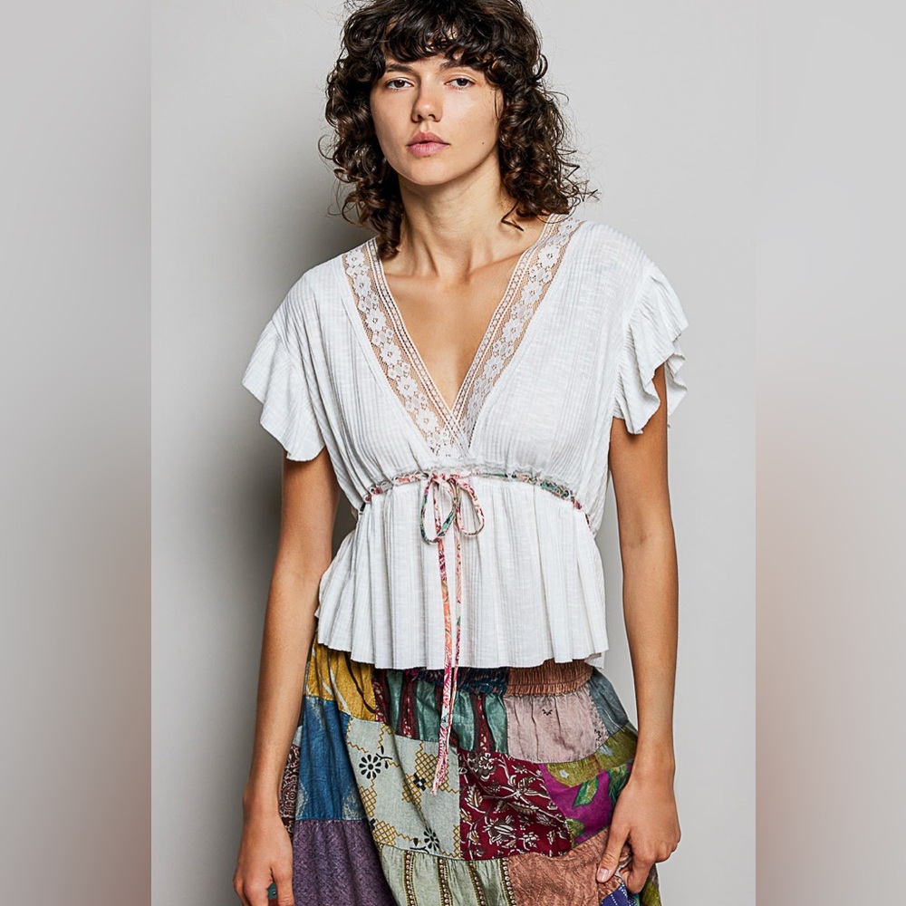 POL Tied Ruffled V-Neck Short Sleeve Blouse with Lace Detail